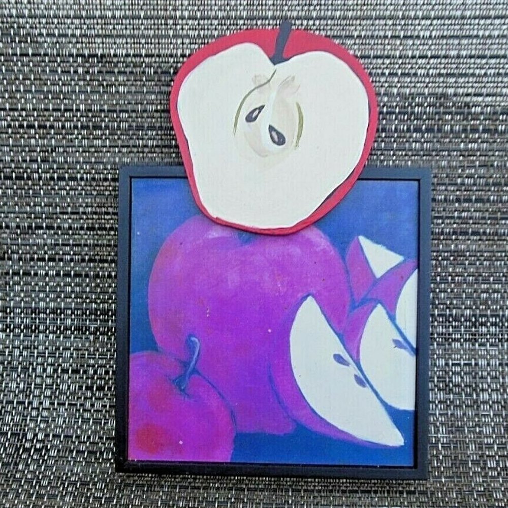 Framed Apple Print with Attached Hand Painted Sheet Metal Apple